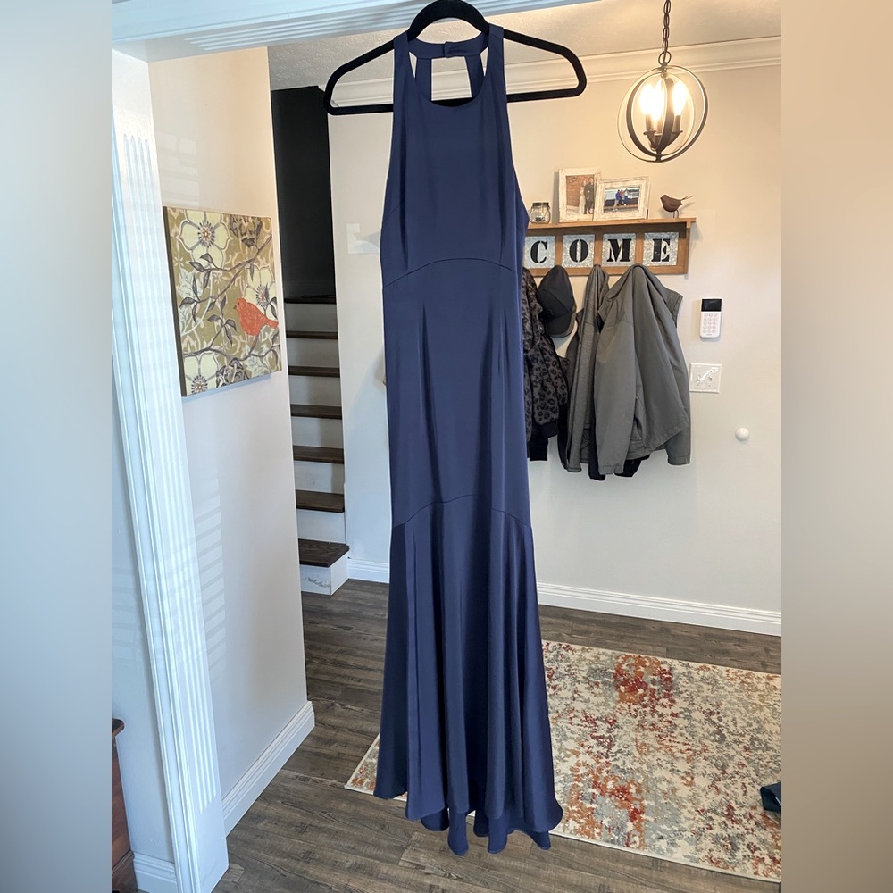 Satin Formal dress. Bought from Justfab. Size S. Color is navy blue